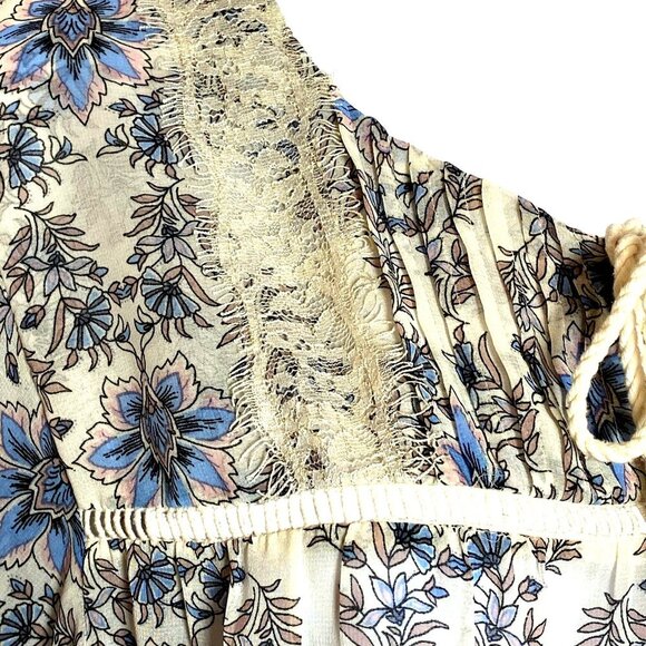 Daniel Rainn Floral Lace Trim Blouse Large Cream/Blue Boho Top With Tassels & - Picture 5 of 10